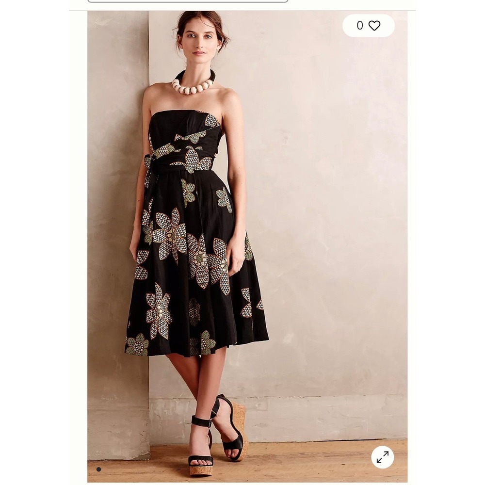 Tracy Reese Black Strapless Midi Dress with Floral Motif